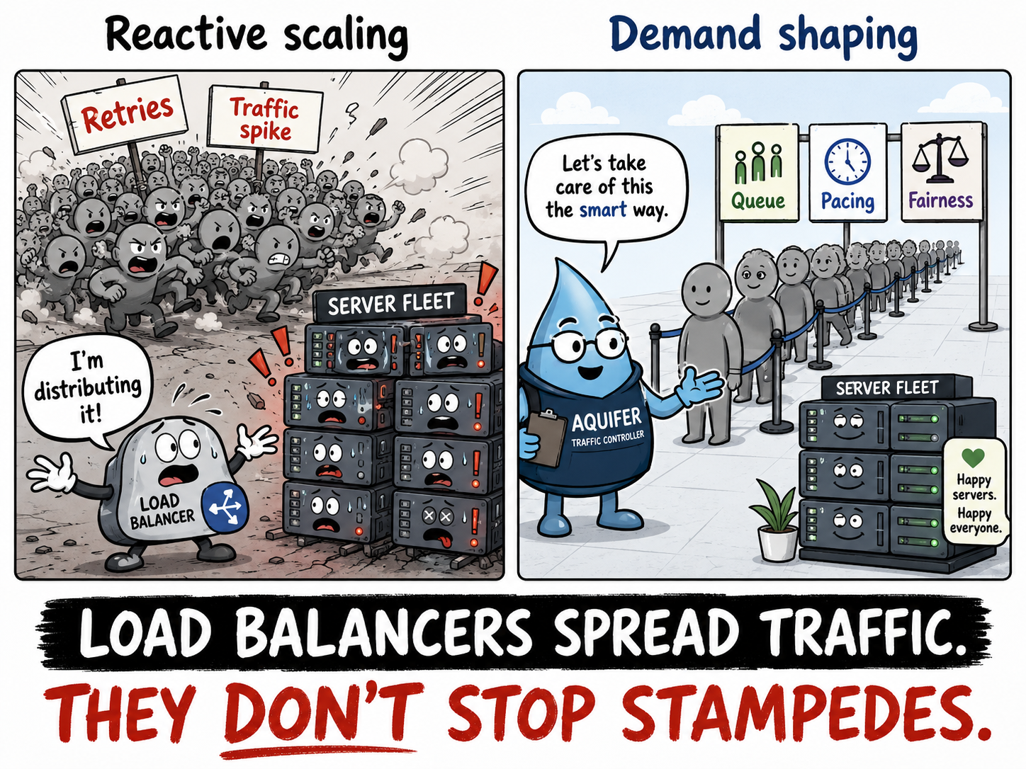 Comic contrasting reactive scaling, where a load balancer is overrun by a stampede of retry traffic, with demand shaping, where the Aquifer mascot calmly organizes traffic into a queue